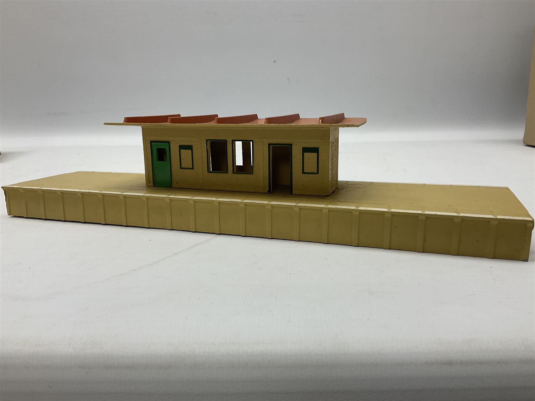 Hornby Dublo - two stations, signal box, 3-piece platform, footbridge, girder bridge etc; and other die-cast trackside and station accessories; all unboxed