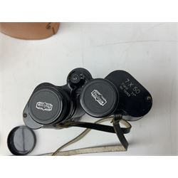 Pair of Rayswi of Harrogate carved oak candlesticks with brass mounts, in the form of an imp, together with a cased pair of Photopia binoculars, mother of pearl opera glasses, Bush radio, oak inkstand etc