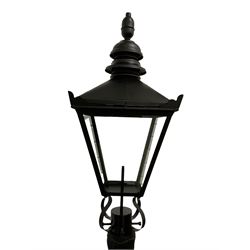 Victorian style cast iron street lamp, fluted column with hexagonal base, four glass lantern top