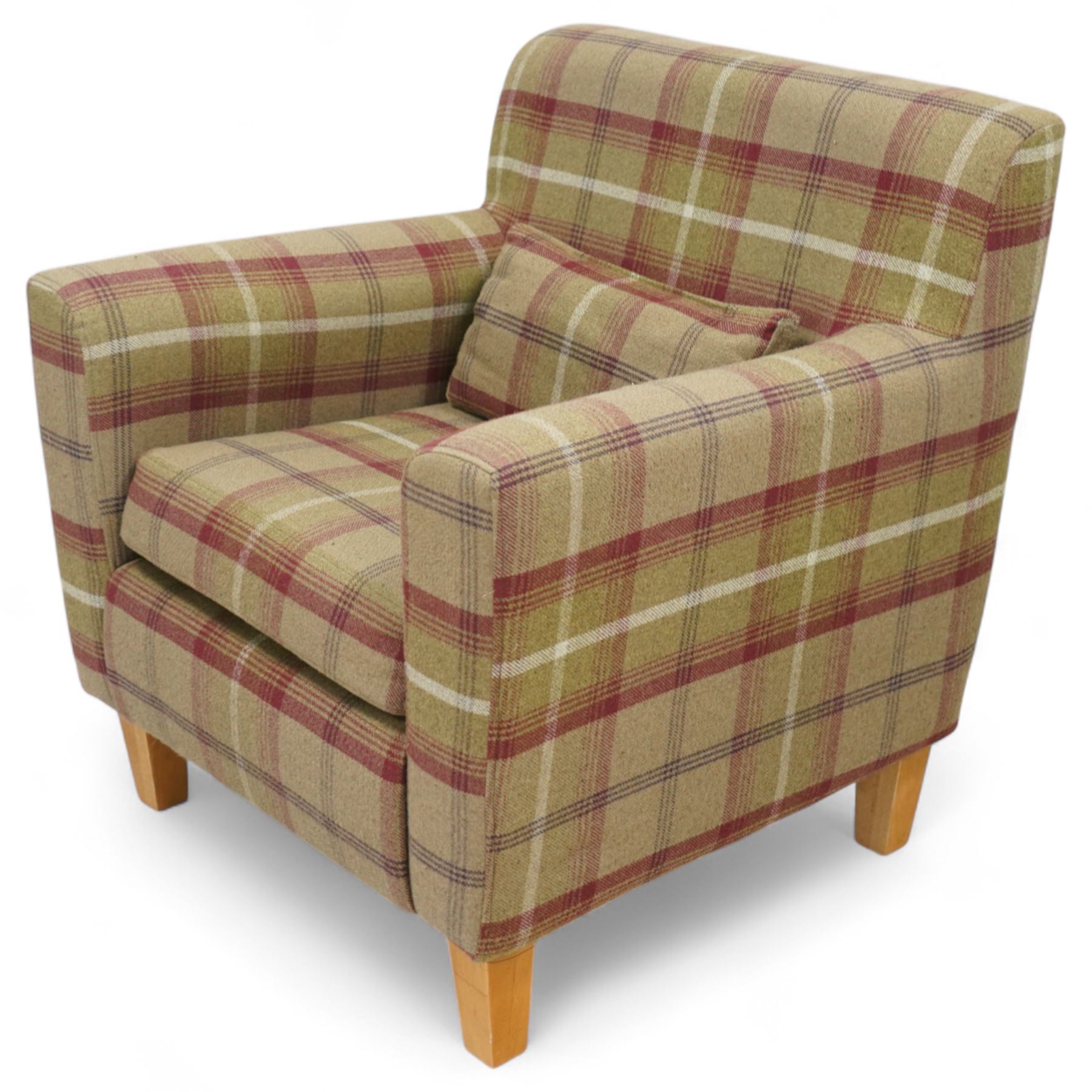 Contemporary pair of upholstered armchairs, in red and green chequered fabric with loose seat and back cushions, box arms and light stained square legs