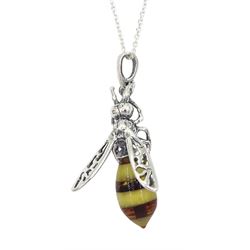 Silver Baltic amber bumble bee pendant necklace, stamped 925