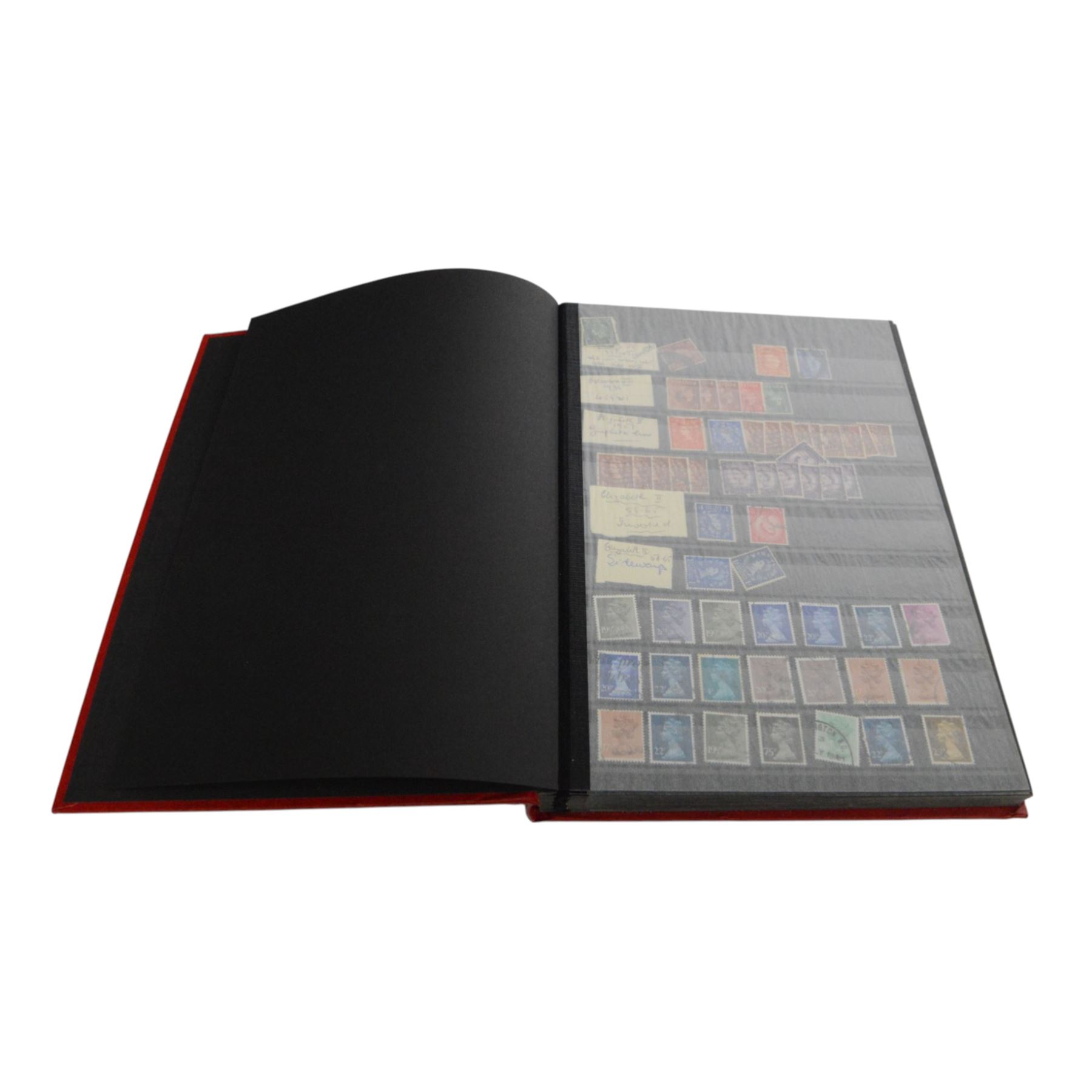 Great Britain stamps, Queen Victoria and later, including QV penny black with partial red MX cancel and three good margins, King Edward VII overprints, Queen Elizabeth II pre-decimal issues, many Queen Elizabeth II mint decimal stamps, etc, housed in four folders and one album