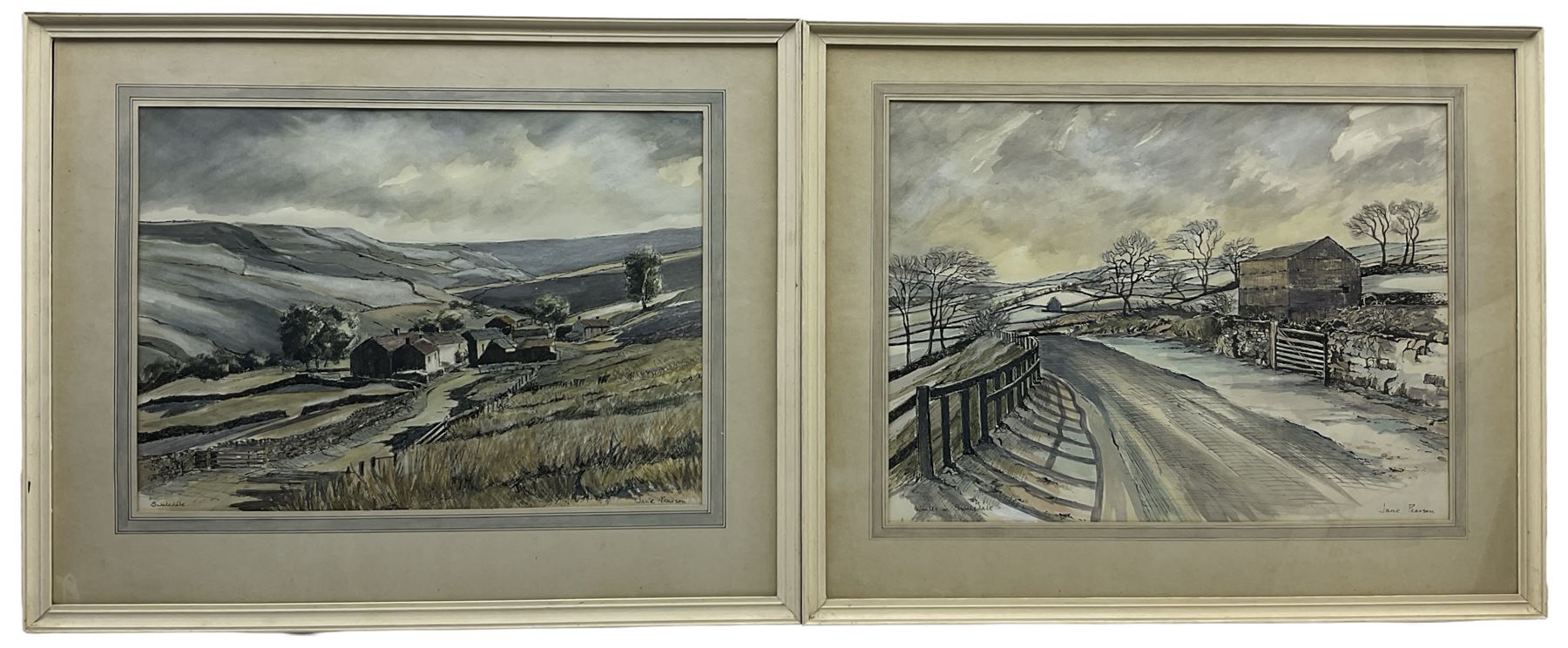 Jane Pearson (Yorkshire 20th century): 'Swaledale' 'Winer in Swaledale' and North Bar Beverley', three ink and watercolours together with a hand finished print of Knaresborough by the same hand max 34cm x 47cm (4)