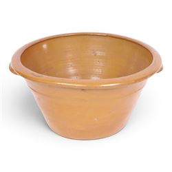 19th century tan twin handled pancheon, of tapering circular form, H26cm, D51cm