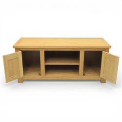 Contemporary oak television media cabinet, rectangular top fitted with two cupboards and central open shelf