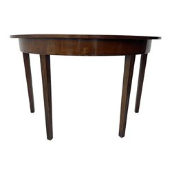19th century mahogany demi-lune side table, semi-circular top with boxwood string inlay, raised on tapered and fluted supports