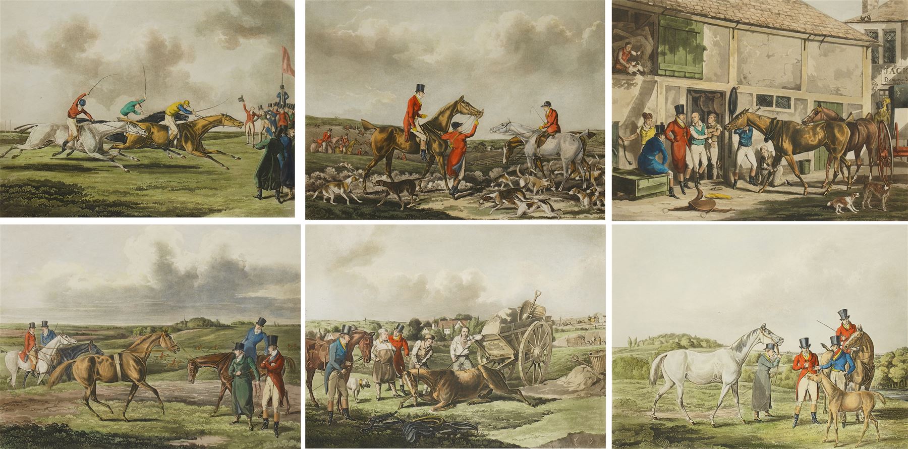 Thomas Sutherland (British 1785-1838) after Henry Thomas Alken (British 1785-1851): 'The High Mettled Racer', complete set of six engravings and aquatints with hand-colouring 37cm x 44cm (6)
