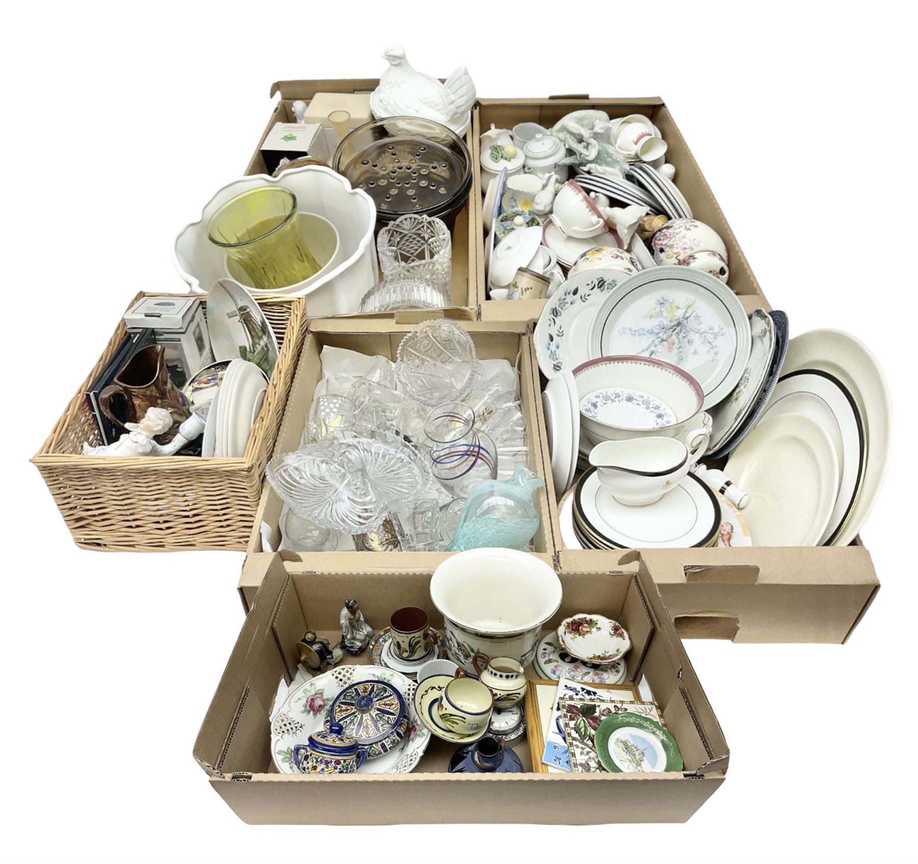 Set of four contemporary Mosa Holland tiles, three further tiles, Grayshott pottery clock, motto ware teacup and saucer, jug and mug, Royal Albert Old Country Roses, Chinese mud men figures, Spode etc and Quantity of ceramics and glassware to include art glass vase, Royal Grafton, Royal Doulton and Colclough dinner wares, Poole, copper lustre, vases etc in six boxes