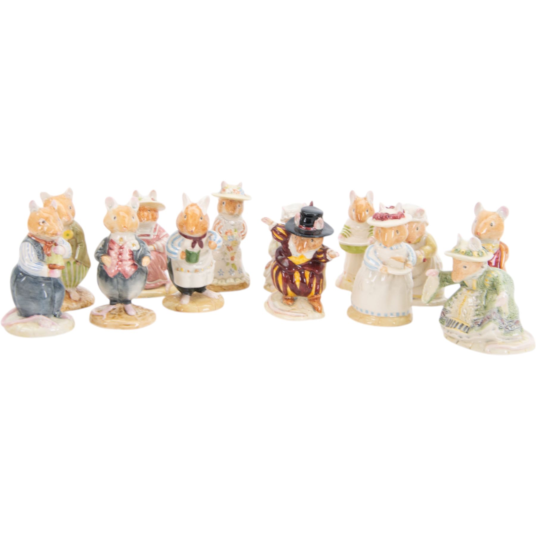 Twelve Royal Doulton Bramley Hedge figures, including Wilfred Entertains DBH23, Mrs Toadflax DBH11, Conker DBH21, Poppy Eyebright DBH1, Flax Weaver DBH20