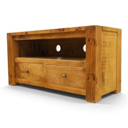 Indigo Furniture - rustic oak media cabinet, rectangular top over open shelf, two drawers fitted to base