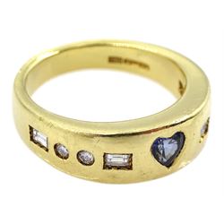 Scottish 18ct gold heart shaped sapphire, baguette and round brilliant cut diamond ring, maker's mark ens, (probably by Eric Norris Smith), Edinburgh 2003