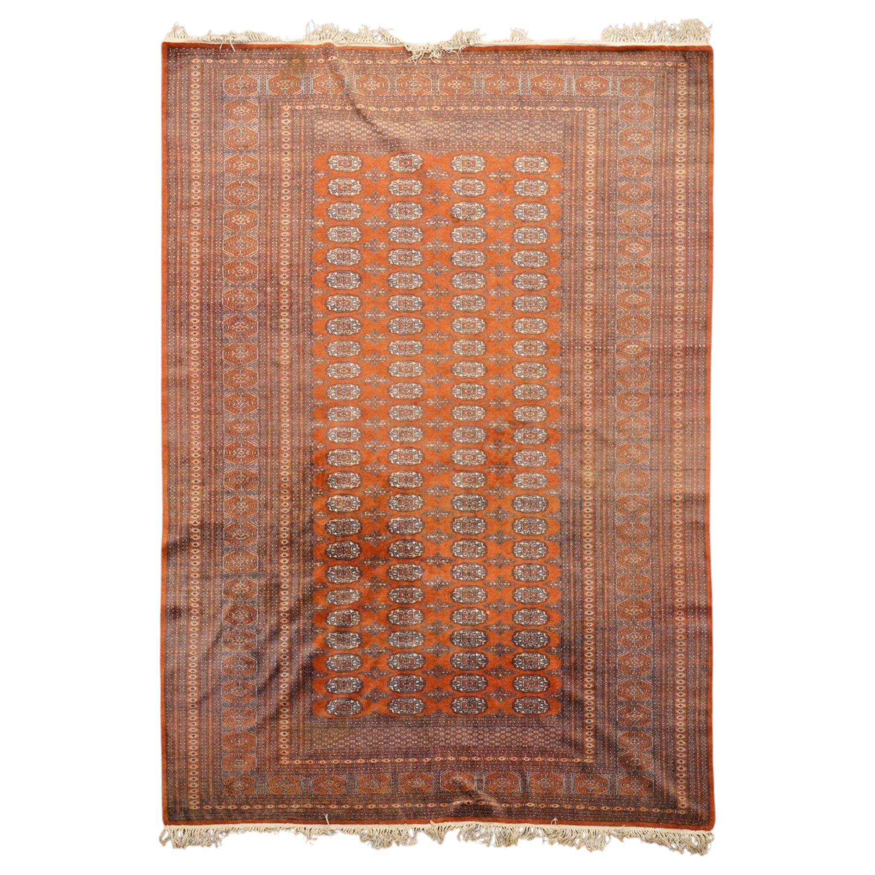 Bokhara hand-knotted carpet, terracotta ground with repeating rows of Tekke guls and geometric motifs, enclosed by multiple geometric borders, with silk highlights, fringed ends
