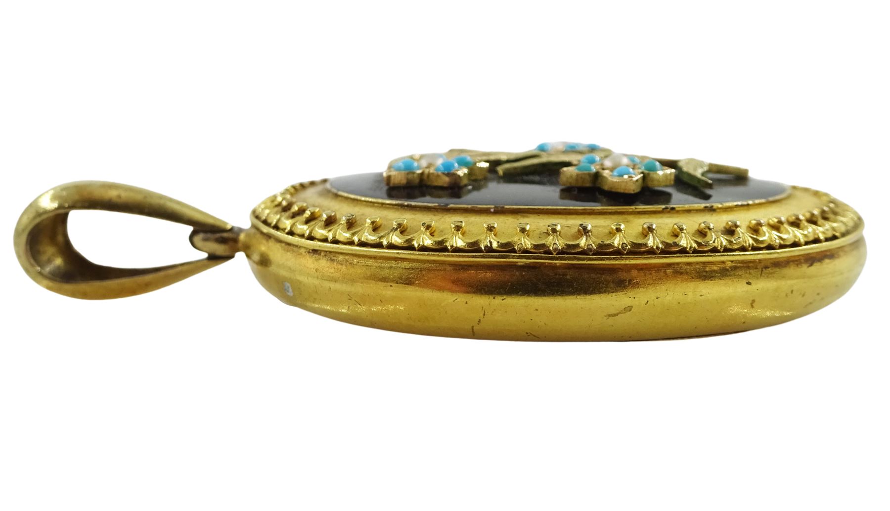 Victorian gold mourning pendant, black enamel plaque with applied gold, pearl and turquoise flower decoration