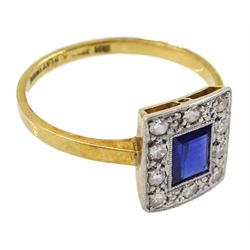 Art Deco 18ct gold milgrain set emerald cut synthetic sapphire and diamond cluster ring, stamped 18ct Platinum