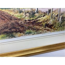 James McIntosh Patrick (Scottish 1907-1998): 'Furrows at Tullybaccart', limited edition colour print signed in pencil and numbered 634/850; Continental School (20th century): Lake Landscape, oil on canvas signed Patisson, max 40cm x 80cm; Jasur Orziev (20th century): Couple playing Sitar, miniature gouache signed; African School (20th century): Woman with Bowl on Head, sand on board signed CA, together with another sand painting with hands on a globe inscribed Abaraka max 29cm x 23cm (5)