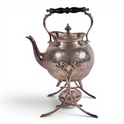 Victorian silver plated spirit kettle, with foliate decoration and ebonises handle, H34cm 