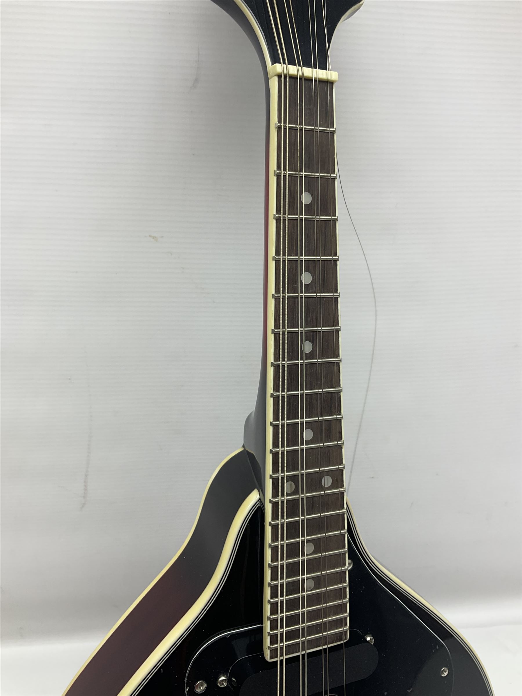 Stagg Model M50 E eight-string electro-acoustic mandolin; bears makers label L69cm; in cardboard delivery box with lead