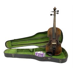 German violin early 20th century with 35.5cm one-piece maple back and ribs and spruce top, stamped HOPF. L59cm overall; in carrying case with two bows, one stamped BAUSCH