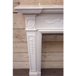  Large 20th century Adams style reverse breakfront fire surround, white painted wood, projecting dentil cornice, decorated with gesso swags and urn, egg and dart moulded opening,  W183cm, H122cm, aperture - W131cm, H91cm  