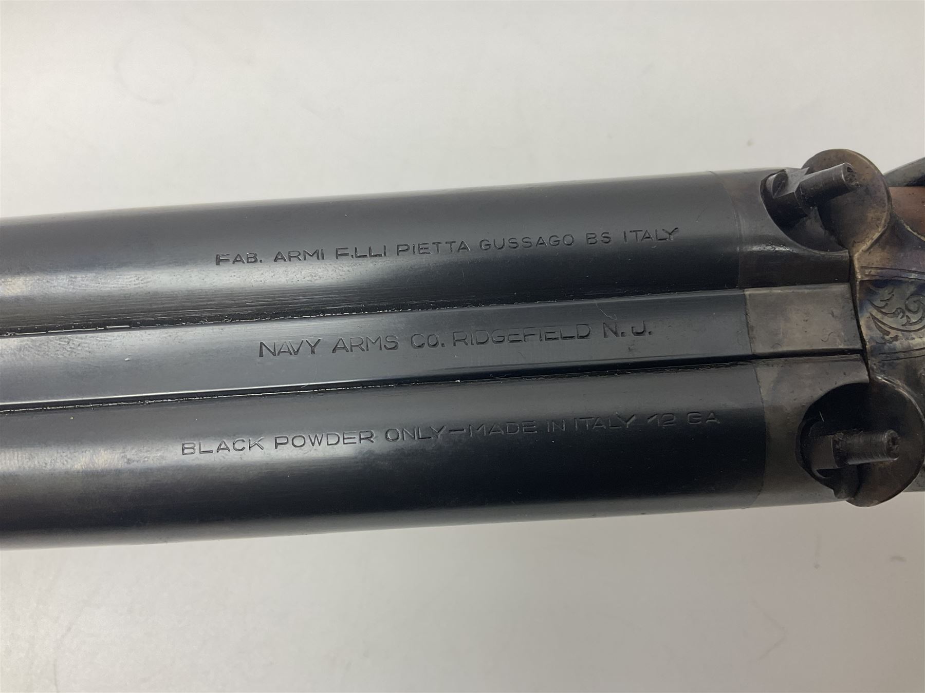 SHOTGUN CERTIFICATE REQUIRED: Fabbrica Armi F.lli Pietta Gussago BS Italy 12-bore side-by-side muzzle loading black powder double barrel percussion hammer gun, retailed by Navy Arms Co. Ridgefield N.J., the 71cm (28