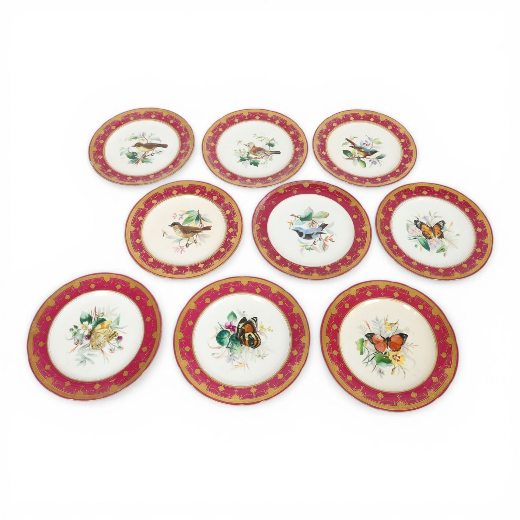 19th century Minton dessert plates, five decorated with a central ornithological study and four decorated with butterflied, each with within a red  and gilt board