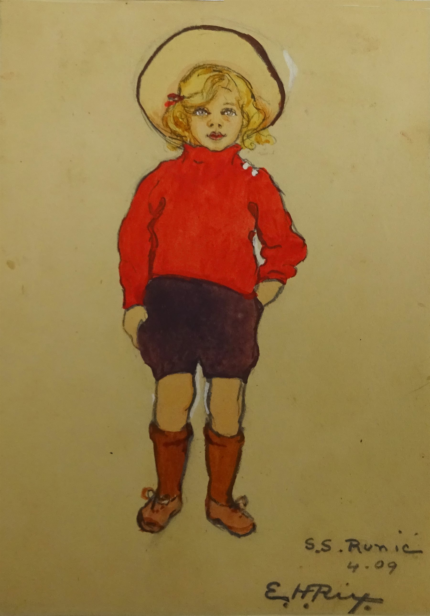 Emily Hilda Rix (Nicholas) (Australian 1884-1961): Girl in a Red Jumper, watercolour signed and dated 'S.S. Runic 4.09. (07)', 22cm x 15cm (album)



Provenance: the sketch is included within a comprehensive and interesting album of sketches, poems, verses and autographs compiled by Theodora (Brodie) Harris-Rivett between 1898 and 1913, who was the granddaughter of Mr Justice Fisher KC and married Rev. AJE Harris-Rivett of Glenrowan, Melbourne, Australia in 1903. It is recorded that Hilda Rix, who studied under leading Australian Impressionist, Frederick McCubbin, at the National Gallery of Victoria Art School from 1902 to 1905 and was an early member of the Melbourne Society of Women Painters and Sculptors, later a friend of Henri Matisse, travelled to Europe on the SS Runic in 1907. Interestingly there is also included a four page poem 'The Absent Minded Beggar' by Rudyard Kipling, who at that time lived in Cape Town where the SS Runic docked on it's voyage to London