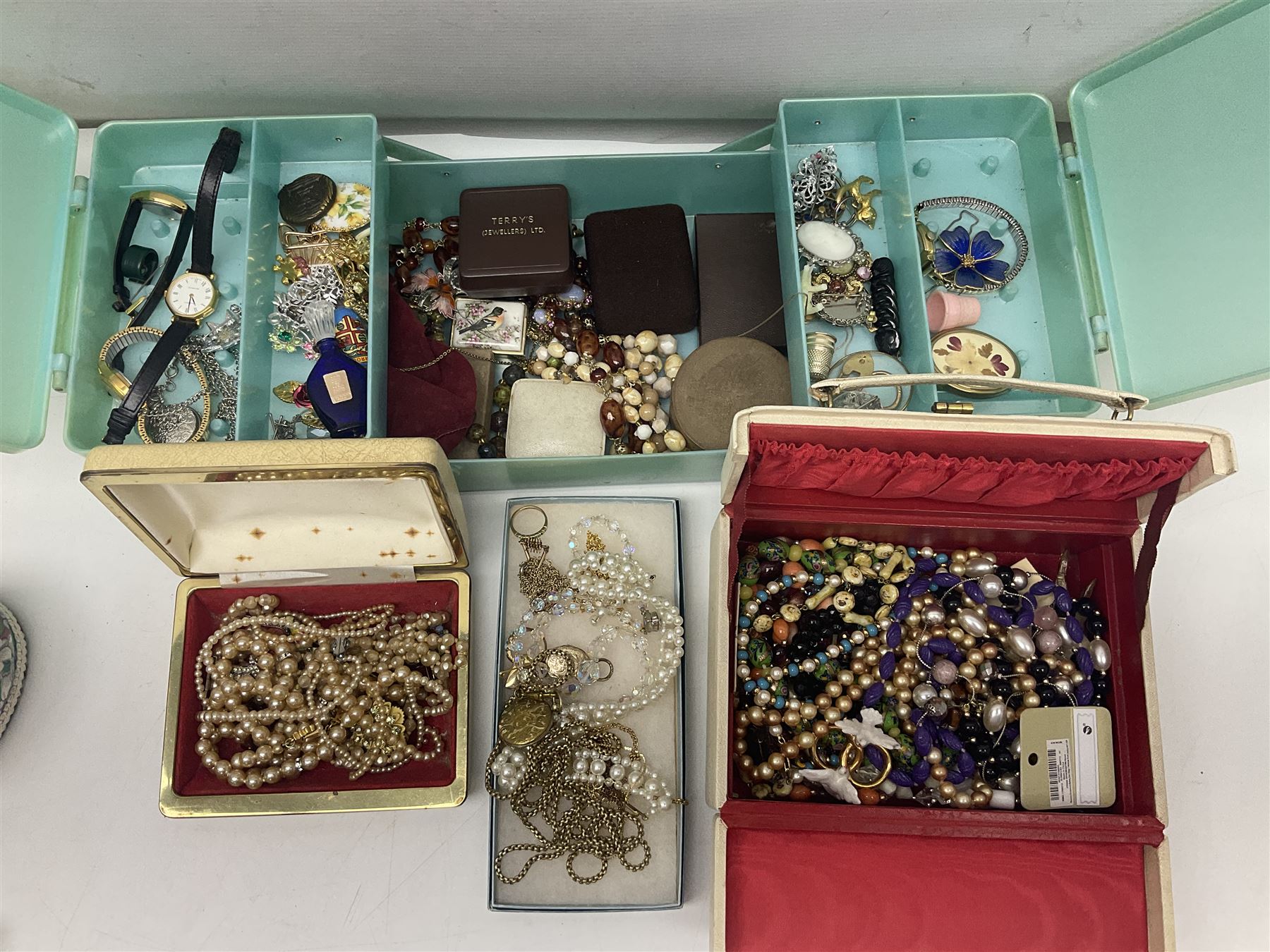 Edwardian silver facsimile coronation spoon, hallmarked Gourdel Vales & Co, Birmingham 1901, EPNS serving spoons, coins and a collection of vintage and later costume jewellery