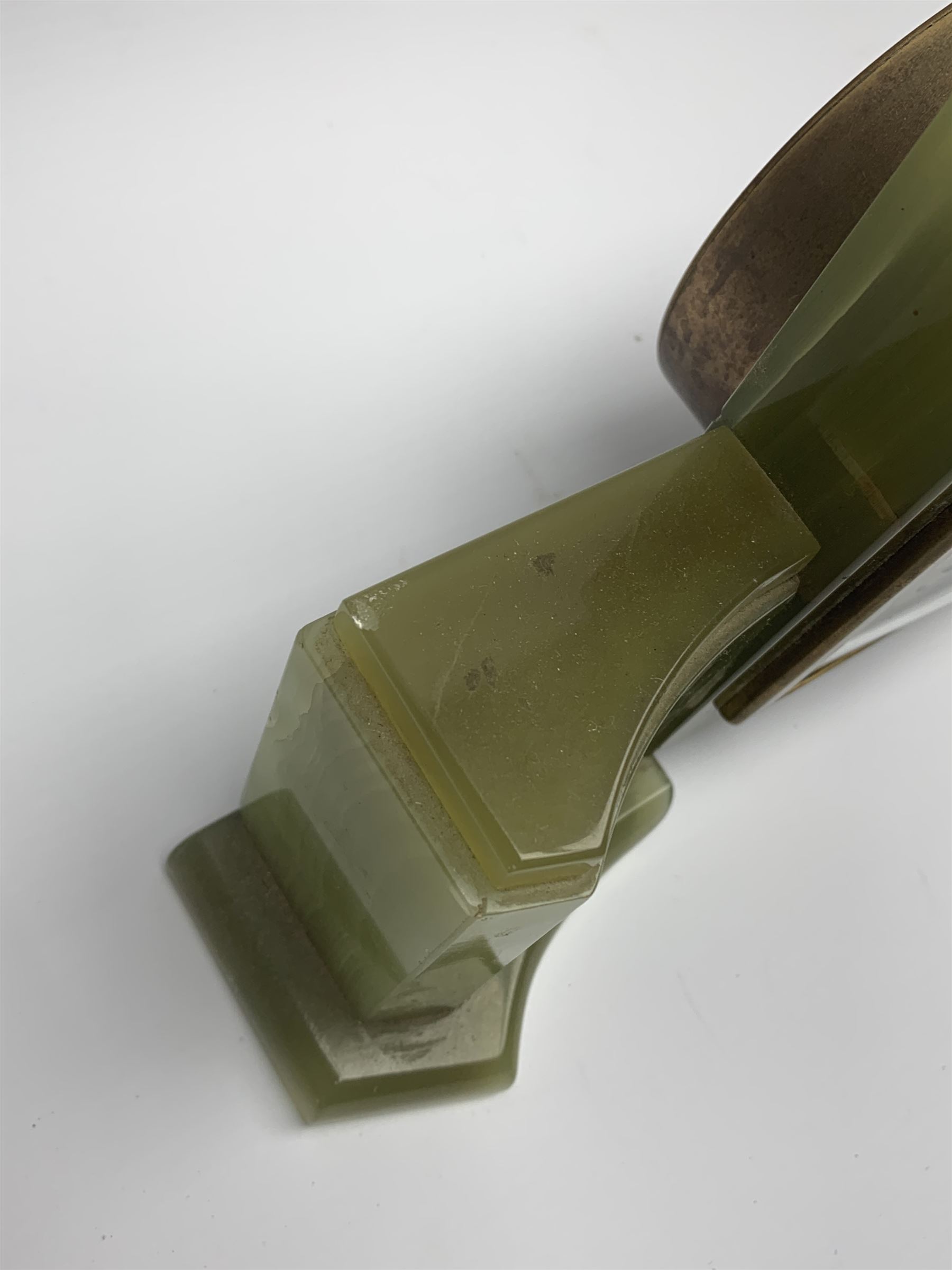 Mid to late 20th century green onyx mantel clock timepiece by 'Elliot', the square silver dial with Roman chapter ring, signed 'W. Greenwood & Sons Leeds'