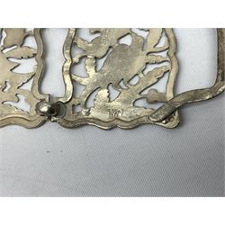 Silver nurse's two piece belt buckle by John Millward Banks, hallmarked Chester 1898 and stamped J.M.B, together with silver belt formed of nineteen engraved rectangular plaques decorated with various birds amongst foliage, weight approx 5.2ozt, silver testing around 80, buckle 41g