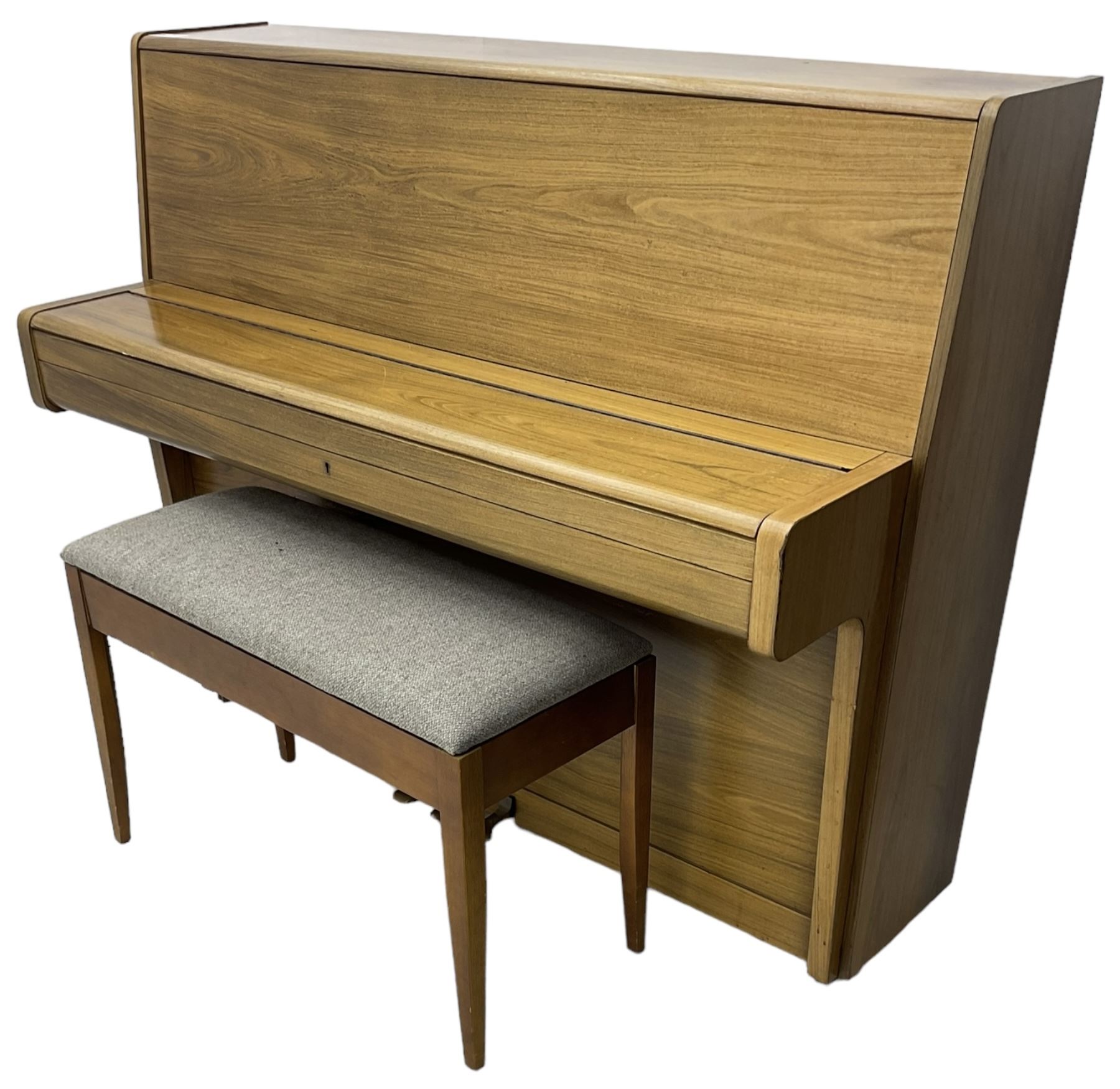 Welmar - English walnut cased upright piano, overstrung frame with a Langer underdamper action; serial No 107859 (1990) with practise, sostenuto and una corda pedals, 88 note seven octave keyboard, with matching duet stool.
