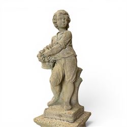 Weathered cast stone statue of a child and urn planter on pedestal along with three piece bird bath