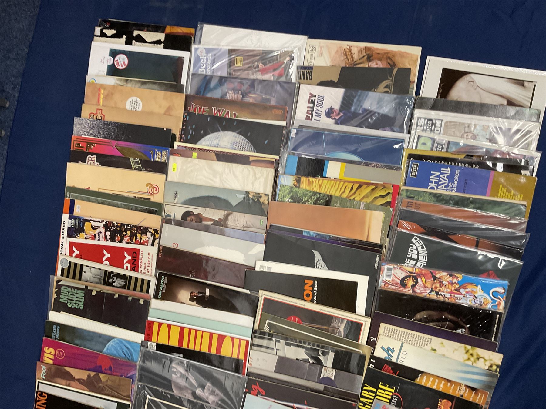 Quantity of vinyl records including Gary Moore 'Victims Of The Future', 'After Hours', 'Anthology', John Martyn 'Glorious Fool', 'Sunday's Child', 'Grace & Danger', Jeff Healey 'Heal My Soul' and other music, approximately 100, in one box