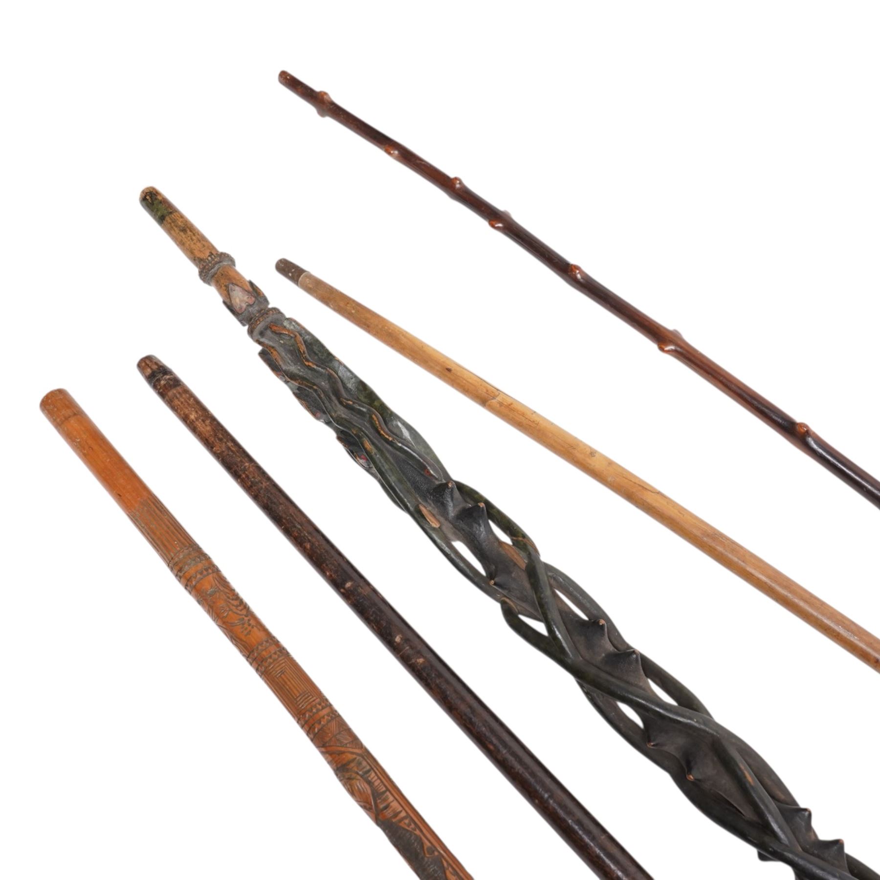 Collection of walking sticks including Greek racing walking stick, carved horse head and jockey, marked KEPKVPA, Horn Handled Walking Sticks, one stamped 