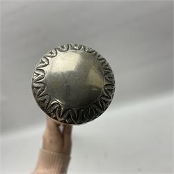 Malacca walking cane, with domed Burmese silver pommel embossed with deities, L91.5cm