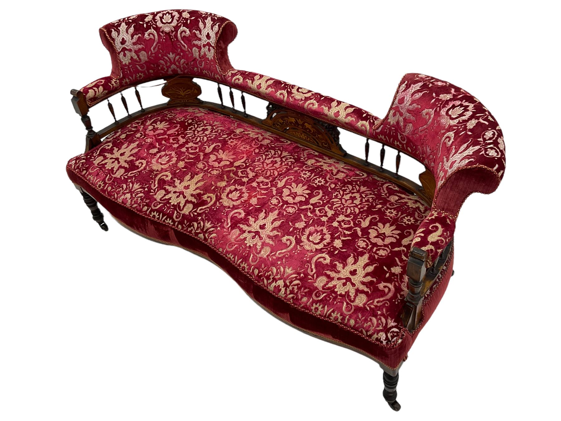 Edwardian inlaid rosewood salon suite, upholstered in red and gold fabric, comprising two seat sofa, pair of tub shaped armchairs, and four side chairs