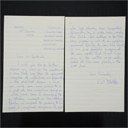 Signed Correspondence from Peter Sutcliffe (The Yorkshire Ripper) Concerning Bankruptcy and Victim Compensation, a collection of five signed letters from convicted serial killer Peter William Sutcliffe to his trustee in bankruptcy, relating to court-ordered compensation to his victims.
Notes: Comprising two typed and two handwritten letters from January–February 1988, signed “P. Wm. Sutcliffe,” discussing his bankruptcy discharge and expressing resentment over financial penalties. Includes a Times newspaper clipping (18 December 1986) on the related legal dispute involving Sutcliffe’s wife, Sonia, and the attempted forced sale of their home.
Addressed to Mr Roy Garthwaite, the appointed trustee in Sutcliffe’s bankruptcy. Written from Broadmoor Hospital, where Sutcliffe was held following his conviction for murdering 13 women and attempting to murder 7 others between 1975 and 1980.

Provenance: Consigned by the family of Roy Garthwaite. All documents are original; the typed letters are signed by Sutcliffe.