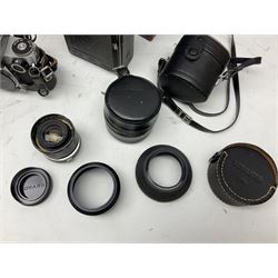 Miranda Sensorex camera body, Miranda Sensorex II camera body with 'Auto Miranda 1:1.8 f-59mm' lens, 'Auto Miranda 1:2.8 f-135mm' lens, 'Auto Miranda 1:3.5 f-200mm' lens, 'Auto Miranda 1:2.8 f-28mm' len, Agfa plate camera with 9cm x 12cm plates and other camera equipment including Miranda camera bag