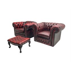 Pair Chesterfield armchairs, upholstered in buttoned oxblood leather with studwork, on castors; and matching stool raised on cabriole supports