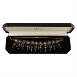 Silver-gilt filigree enamel necklace, silver stone set brooch by Charles Horner, silver marcasite brooch and a gold plated stone set hair work brooch