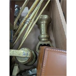 Collection of metalware, including brass weights, fireside tools, sauce boat, etc, together with a chess set, records, two studio pottery lamps etc