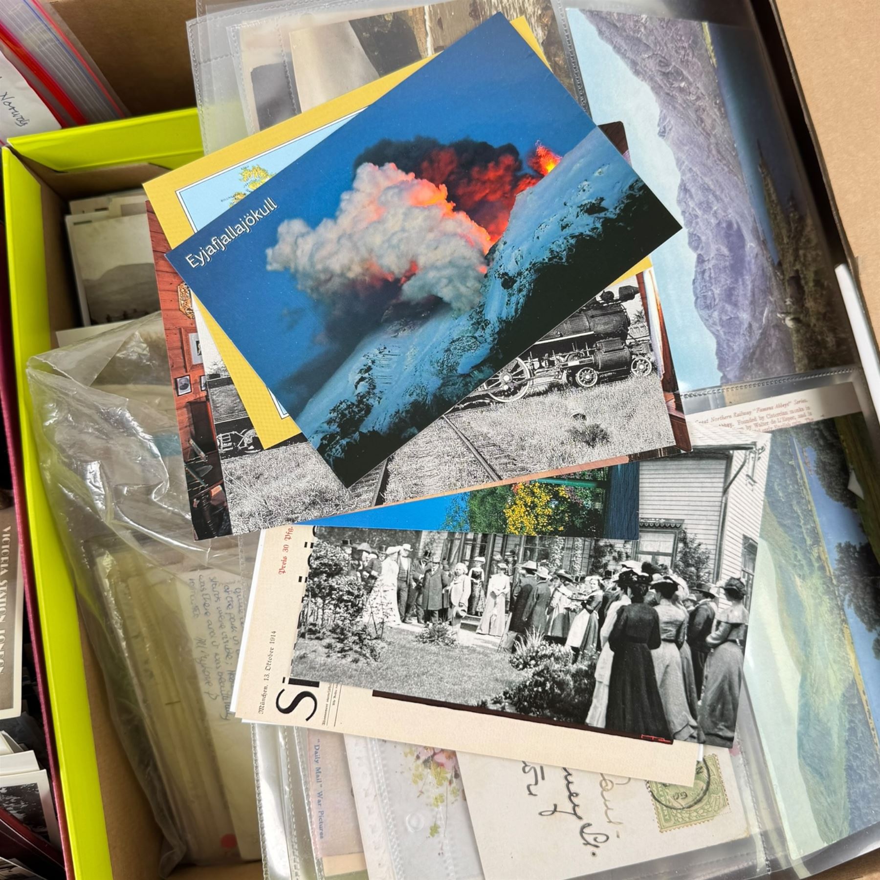 Postcards, cigarette cards and other ephemera, including silk cards, Bamforth WWI postcards, railway postcards, etc