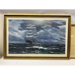 After Henry Scott: 'The Great Race from China to London' colour print together with large print diagram of a trawler, two other marine prints and a print of a WWII Halifax unit max 68cm x 108cm (5)