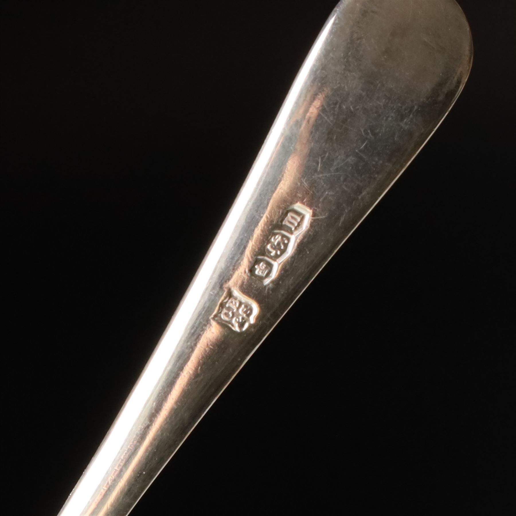 Set of six silver coffee spoons Birmingham 1933 , another set with bright cut stems and set of six silver handled pastry knives, all cased