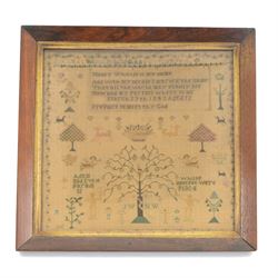 Victorian sampler, by Nancy Whittle aged 12 March 27th 1843,  a verse above flowering bask...