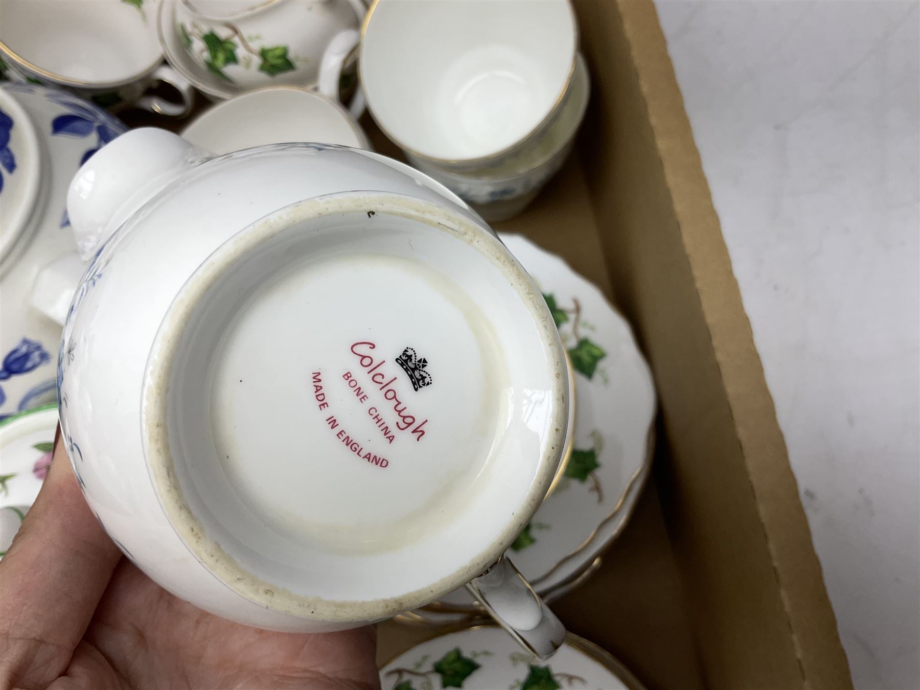 Quantity of teawares to include Coclough, Pearsons stoneware lidded twin handled pot, and other ceramics in two boxes