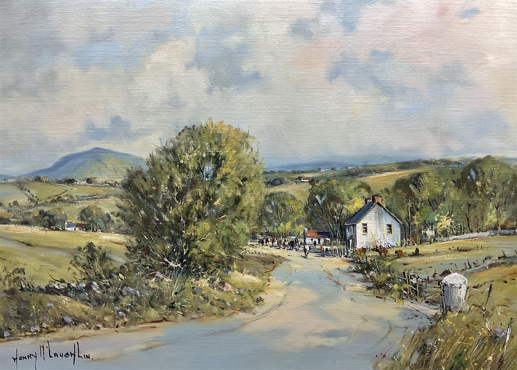 Henry McLaughlin (Australian 1937-): 'Road to Kilkenny in County Antrim', oil on canvas signed, titled verso 39cm x 54cm
