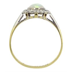 18ct gold milgrain set opal and and diamond cluster ring, stamped 18ct & Pt