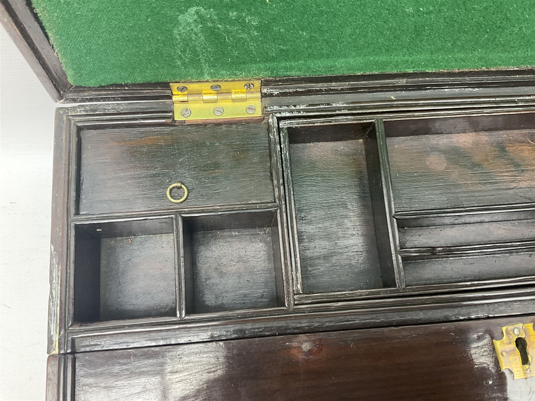 19th century mahogany writing slope, having brass capped corners, sunken twin handled, opening to reveal pull down hinged filing compartment and fitted interior, H18cm, L48, D30cm