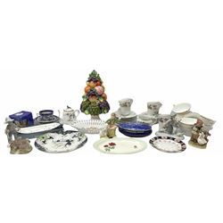 Group of assorted ceramics, to include Goebel figure, two German figures, decorative model of a tower of fruit, various teawares, etc., in two boxes 