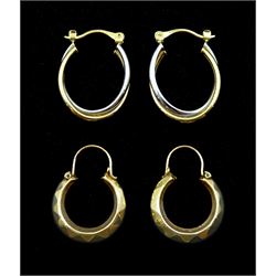 Pair of white and yellow gold hoop earrings and one other pair, both 9ct stamped,  